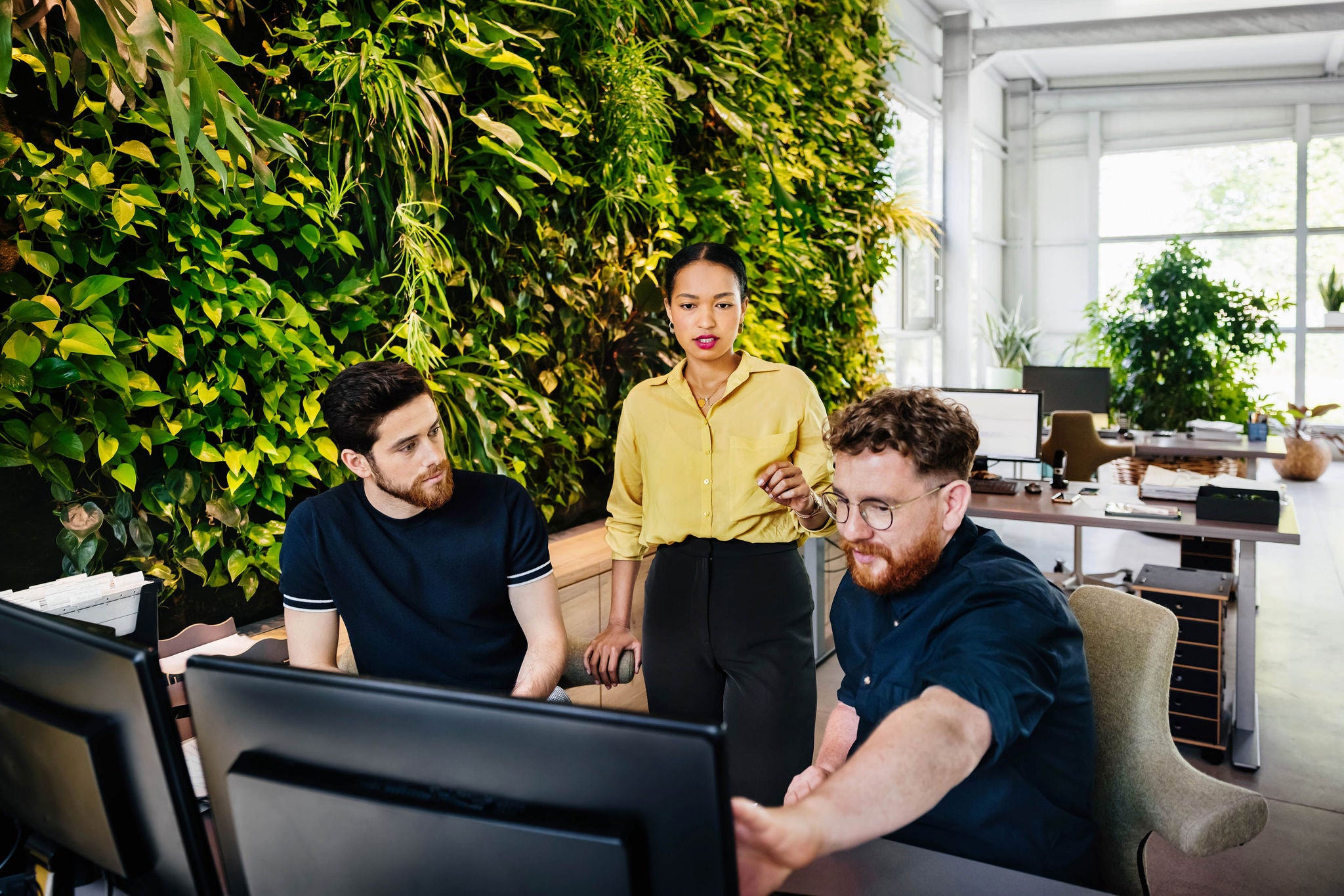 An office team working at a computer desk and sharing ideas in front of a large, leafy botanical display.