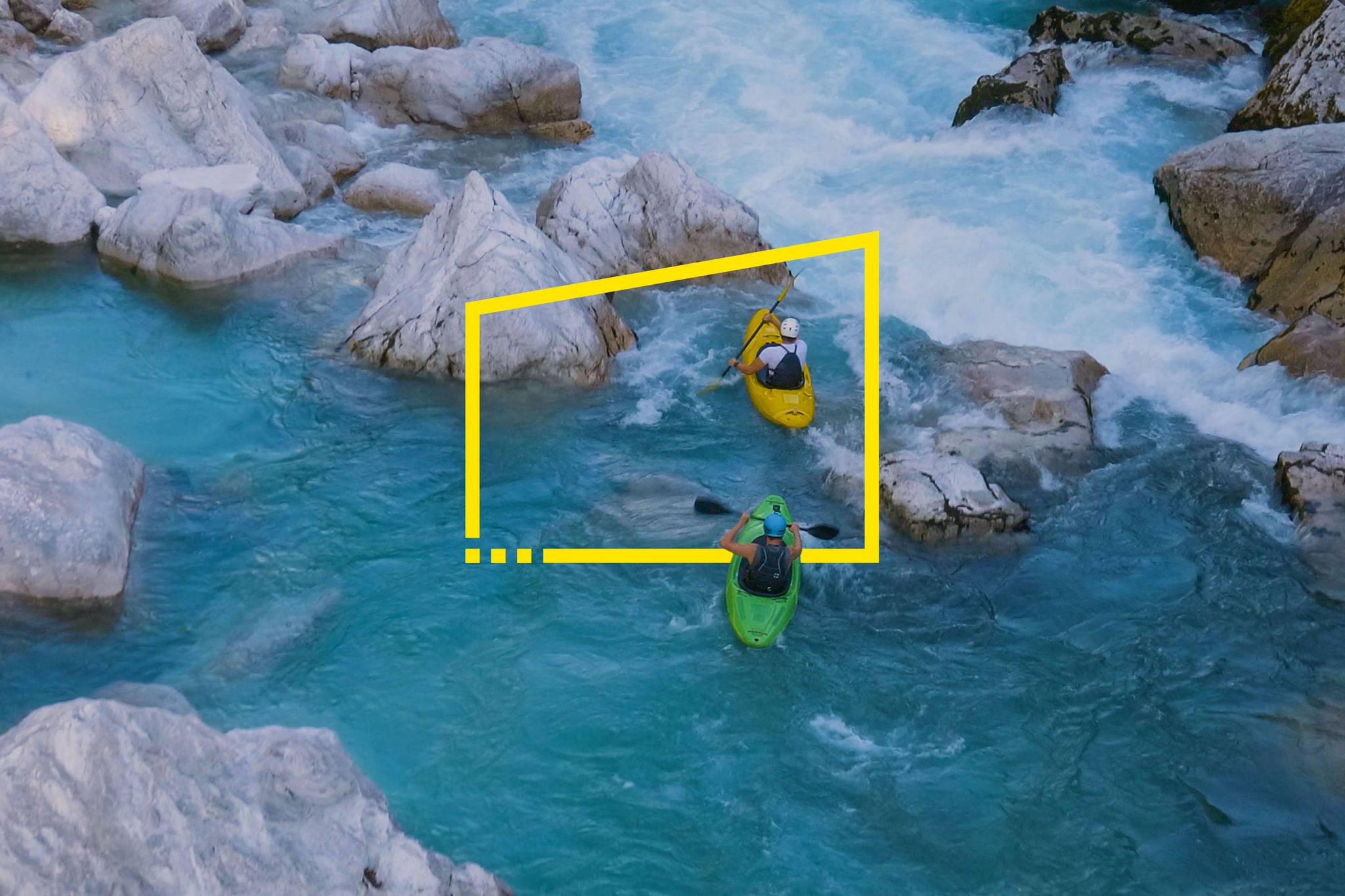 Two men kayaking through a rough river static